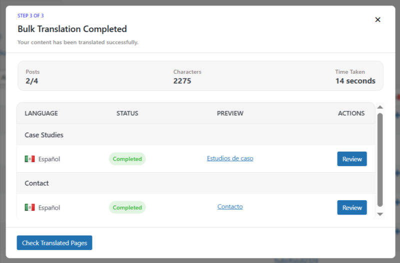 bulk translation completed polylang