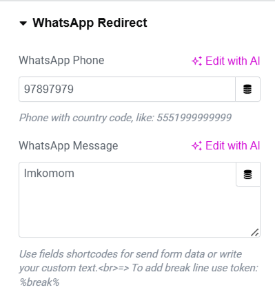 enter whatsapp information
