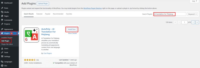 instalar polylang e complemento de tradução ai
