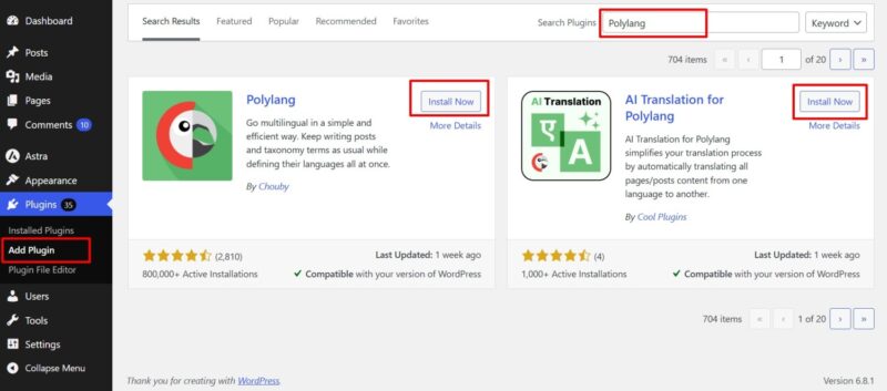 install polylang and ai translation addon