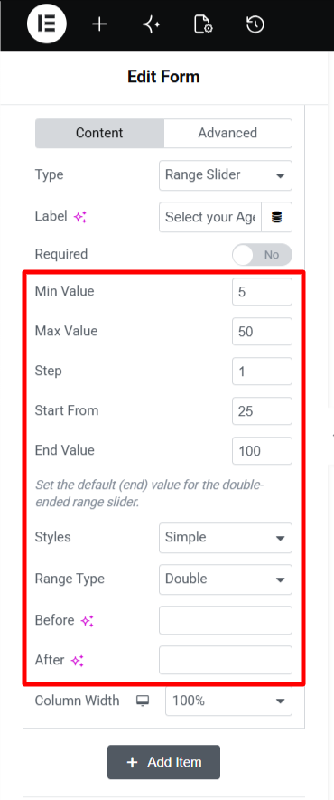 range slider customization options