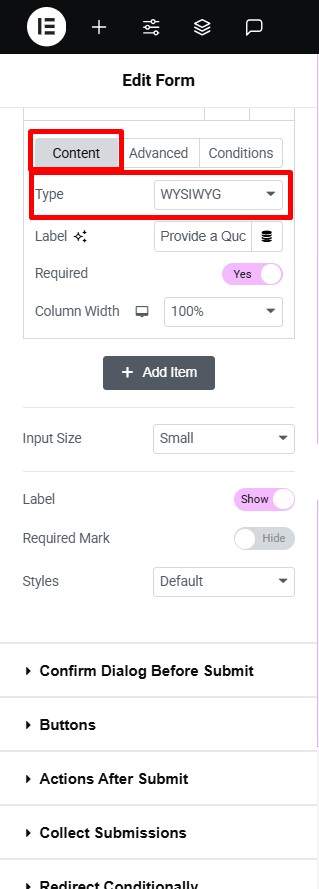 select WYSIWYG field type