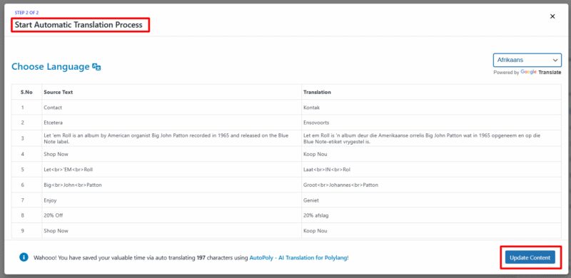actualizar contenido google translate