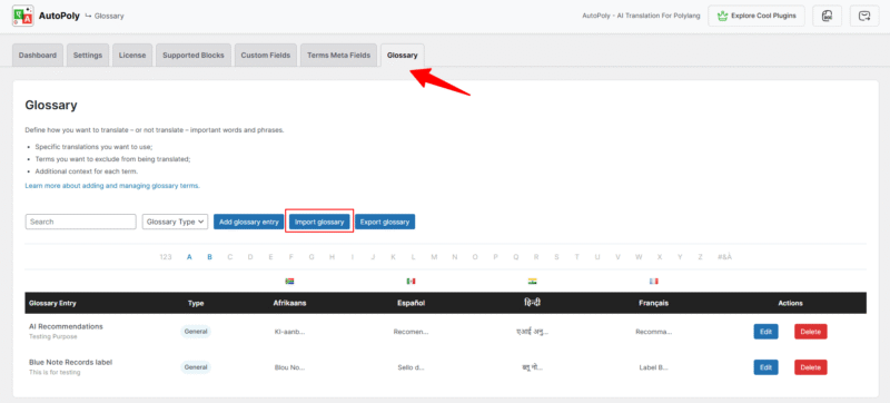 import or export glossary terms