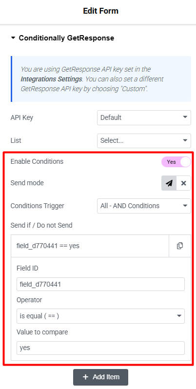conditional getresponse settings
