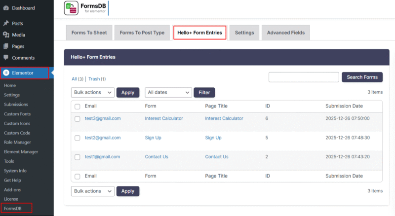 hello plus form entries