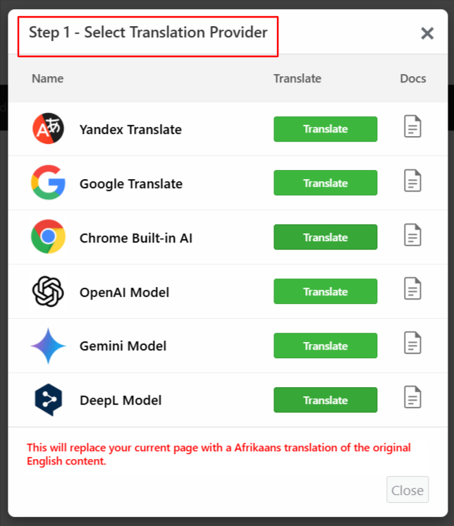 choose translation providers for divi