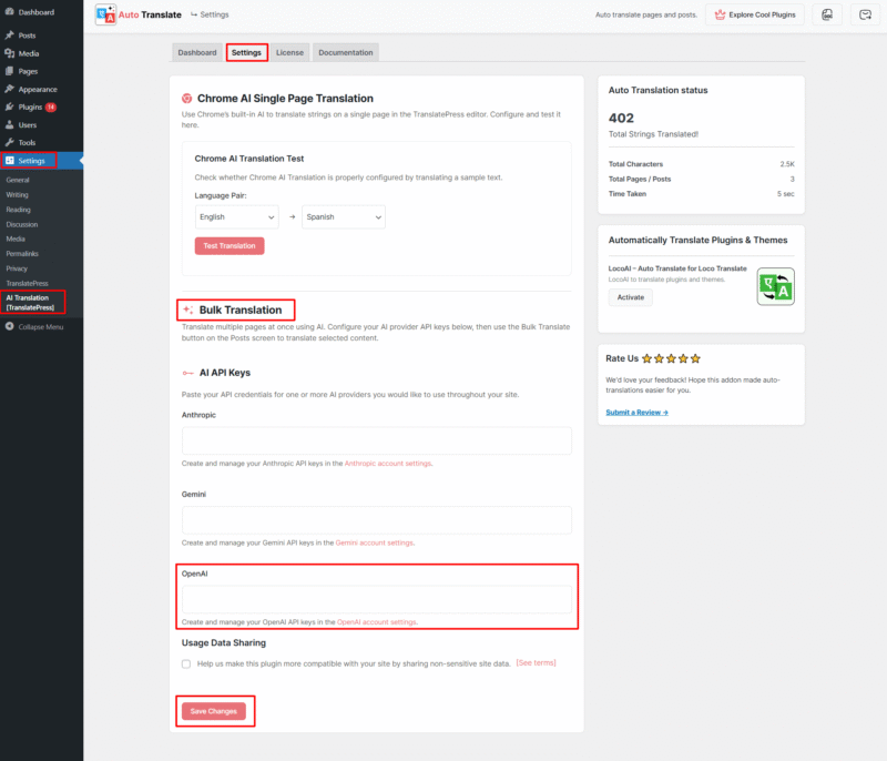 open ai api key translatepress