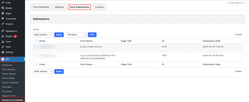 contact form submissions