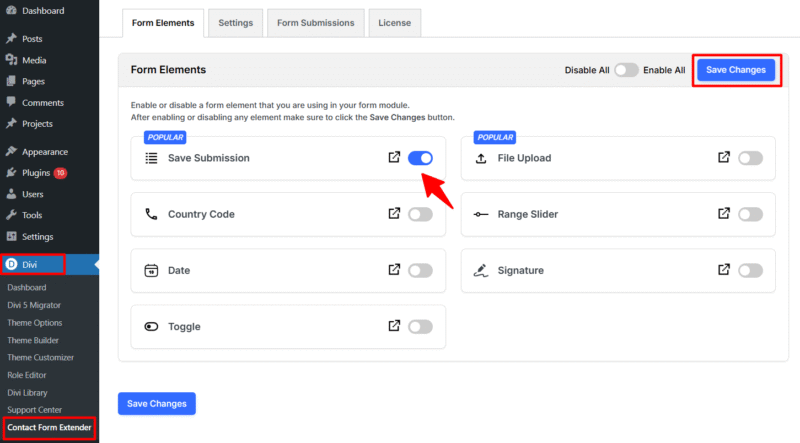 enable save form submissions setting