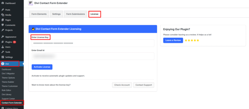 enter contact form extender for divi license key