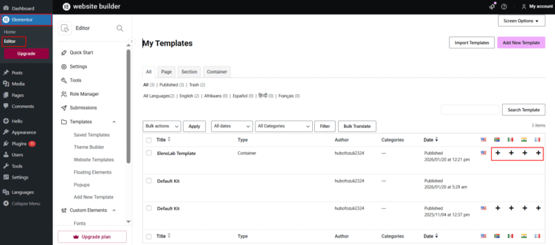 translate elementor templates