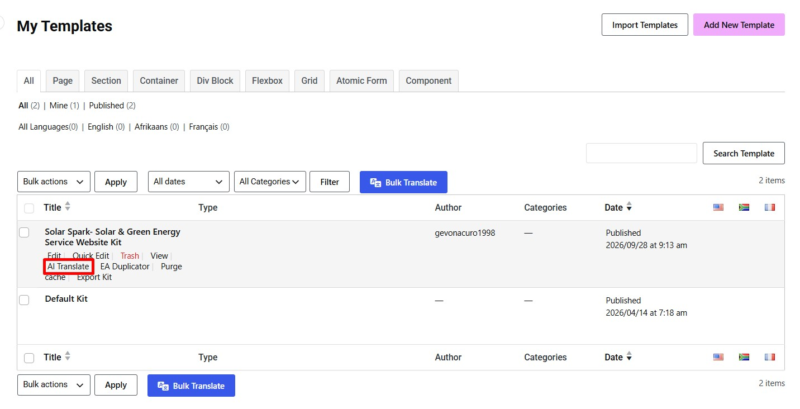 translate elementor templates