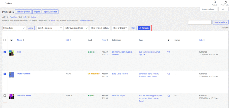 ai translatre woocommerce products