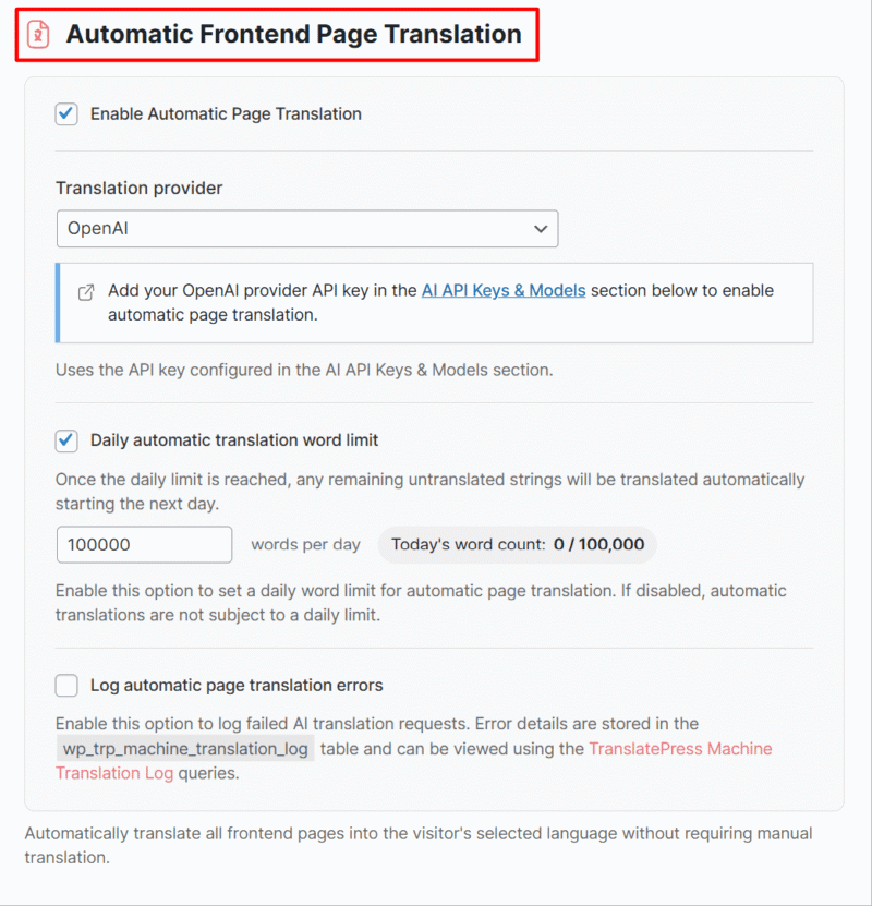 automatic frontend page translation