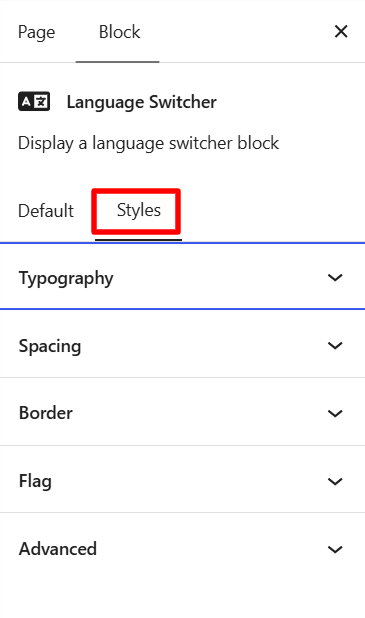 langauge switcher block style settings