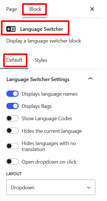 language switcher block default settings