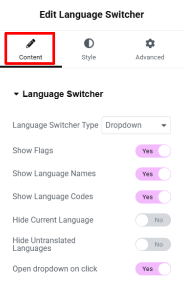 language switcher widget content settings