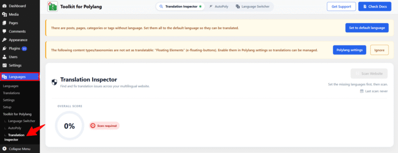 navigate to translation inspector dashboard