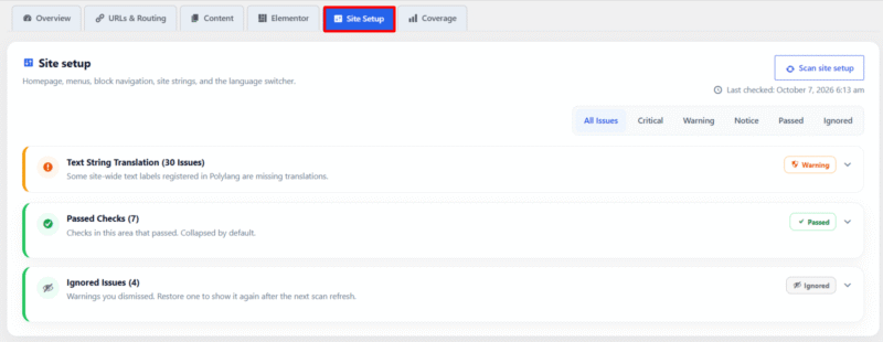 site setup tab